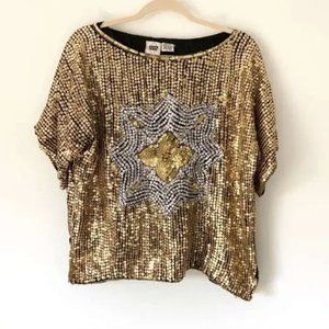 Vintage Silk Gold Sequin Star Flower Top